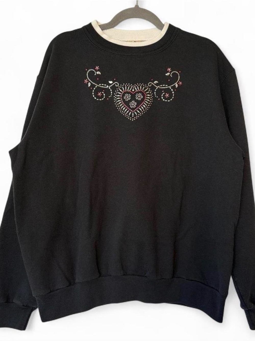 Black Crewneck Sweater with Heart Embellishment